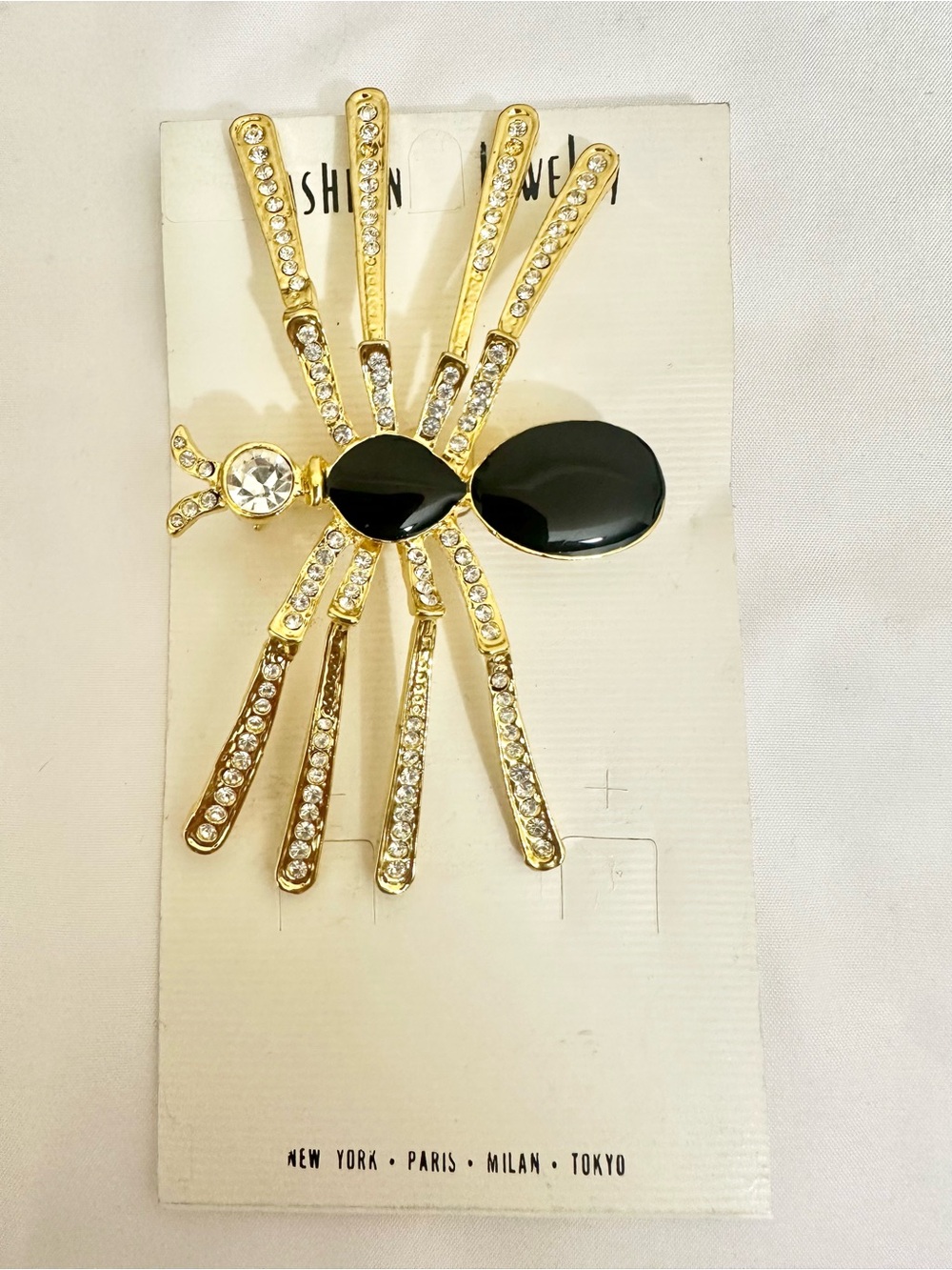 80s-90s Vintage Gold Plated Gold & Black Spider Brooch with Clear Crystals